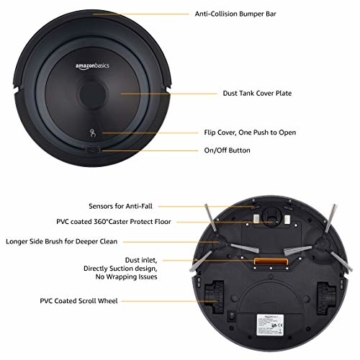 Amazon Basics – Saugroboter, schlankes Design, 18 W (800 Pa), 6 Reinigungsmodi, Anti-Kollisions- & Fallschutz-Sensor, automatische Aufladung, Fassungsvermögen 0,35 l - 2