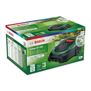 Bosch Home and Garden Rasenmäher Roboter Indego S+ 500 (mit 18V Akku und App-Funktion, Ladestation enthalten, Schnittbreite 19 cm, für Rasenflächen bis 500 m², im Karton), Schwarz, Grün - 10
