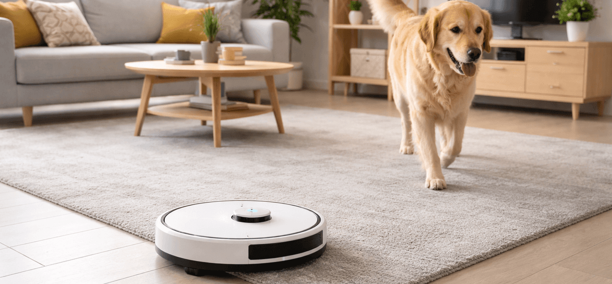 Ein Saugroboter saugt in einem Wohnzimmer. Ein Hund streift durch das Wohnzimmer